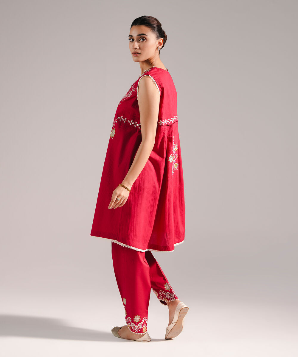 Women's RTW Seersucker Embroidered Red A-Line Shirt