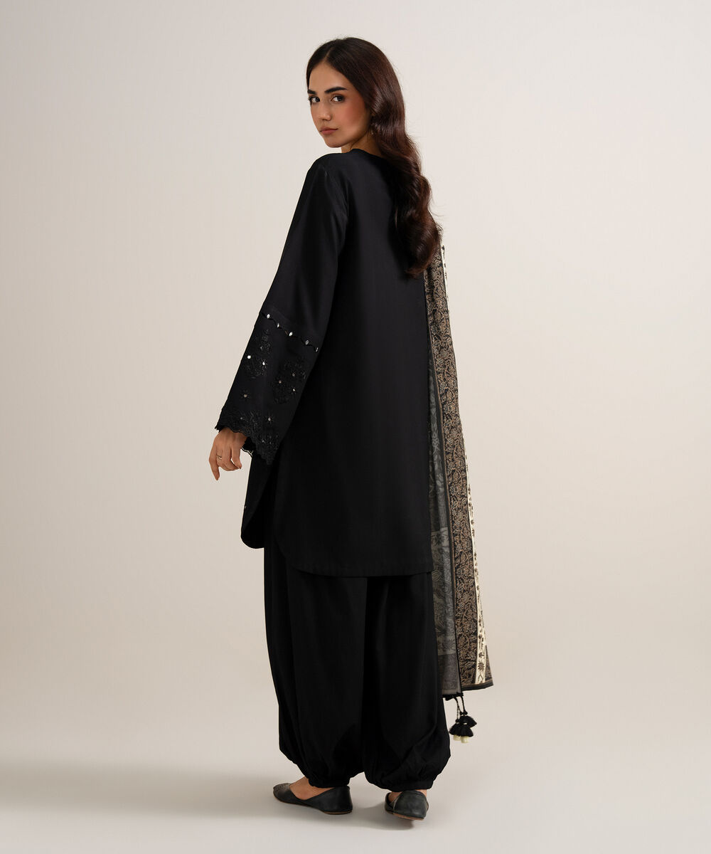 Women's Unstitched Embroidered Linen Black 3 Piece Suit