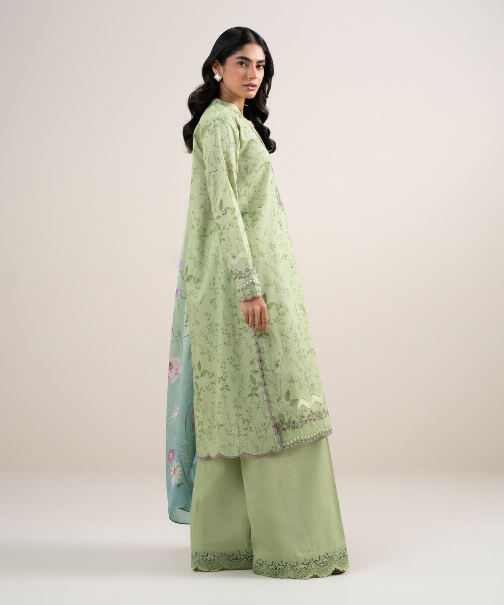 Women's Unstitched Lawn Embroidered Lime Green 3 Piece Suit