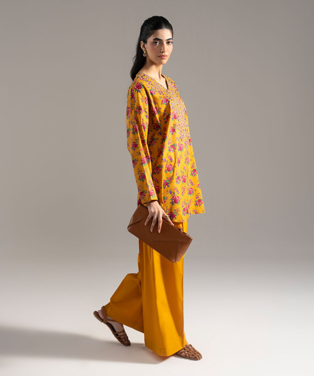 Women's RTW Cotton Viscose Printed Embroidered Mustard Yellow 2 Piece Suit