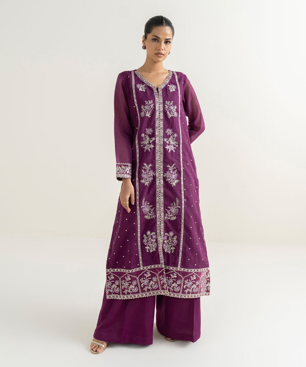 Women's RTW Blended Textured Karandi Embroidered A-Line Purple Shirt