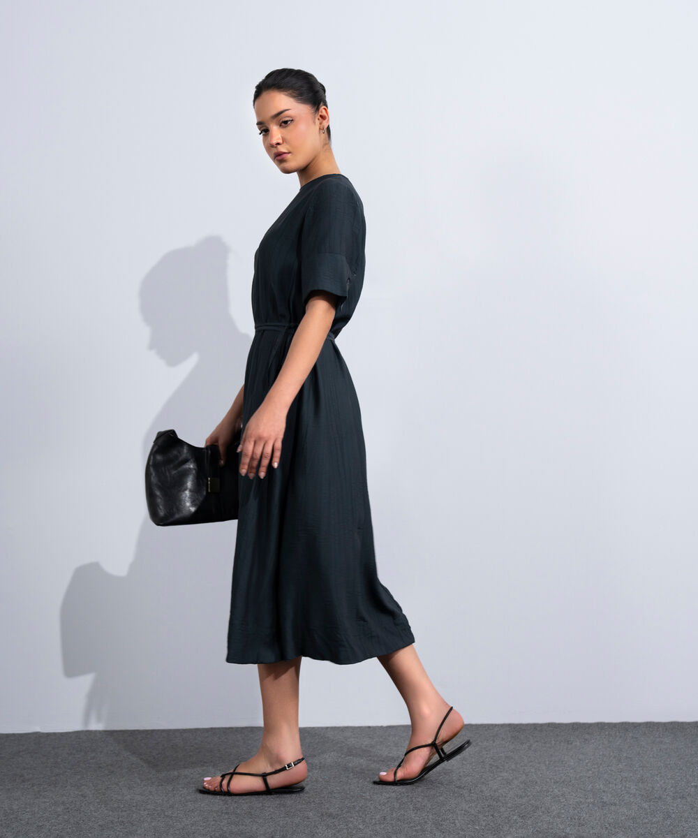 Women's Western Dark Grey Textured Maxi Dress
