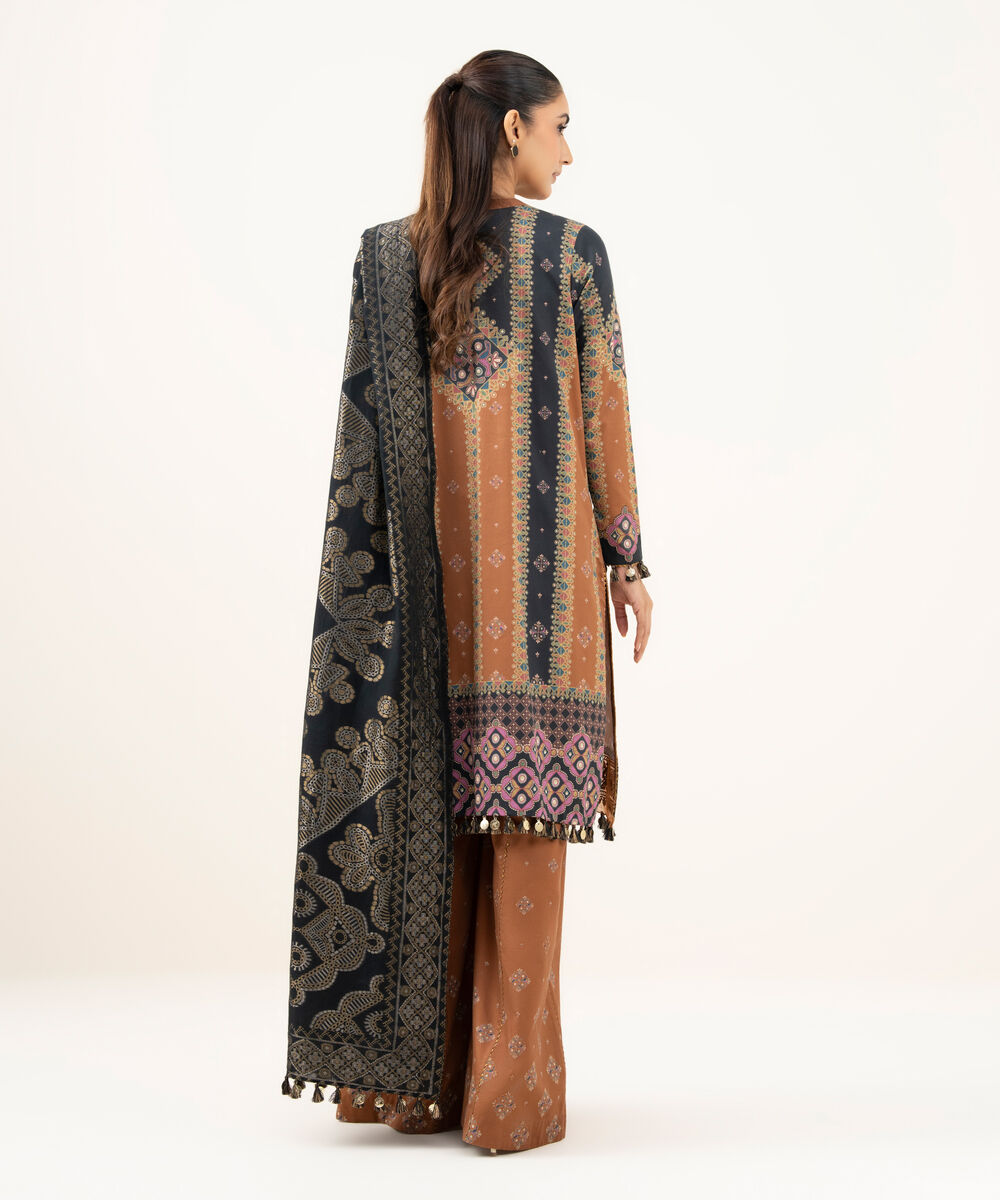 Women's Unstitched Fine Cotton Satin Embroidered Brown  3 Piece Suit