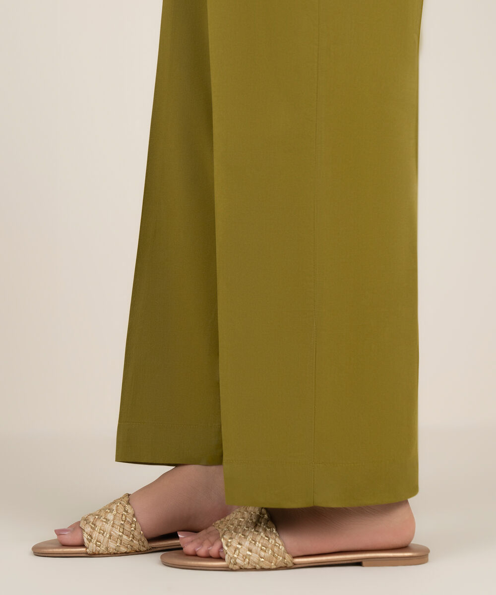 Women's RTW Cambric Solid Green Straight Pants