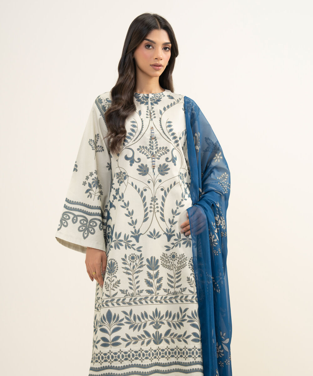 Women's Unstitched Zari Lawn Printed Off White 3 Piece Suit