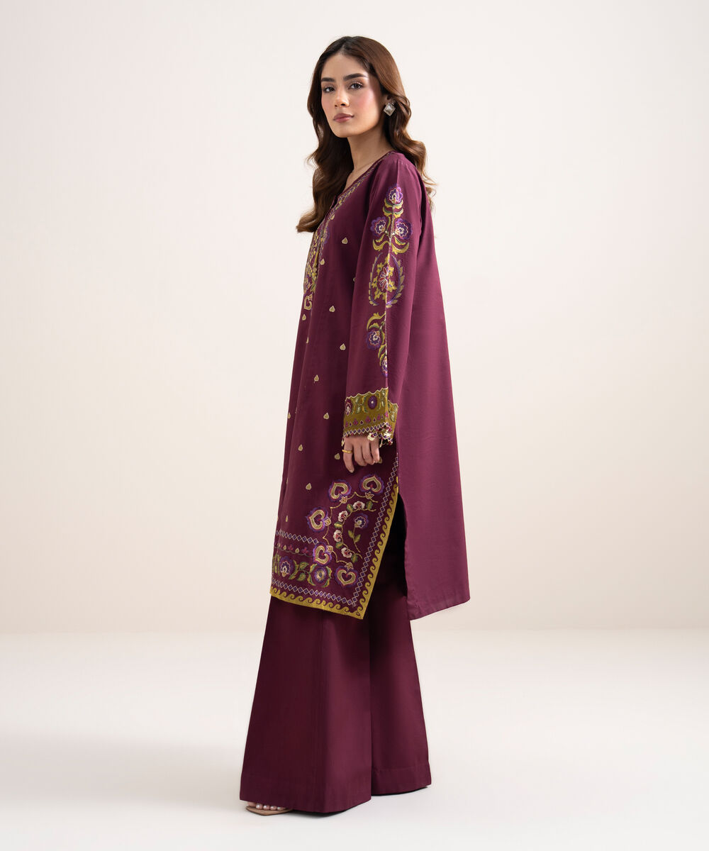 Women's Unstitched Dobby Embroidered Pink 3 Piece Suit