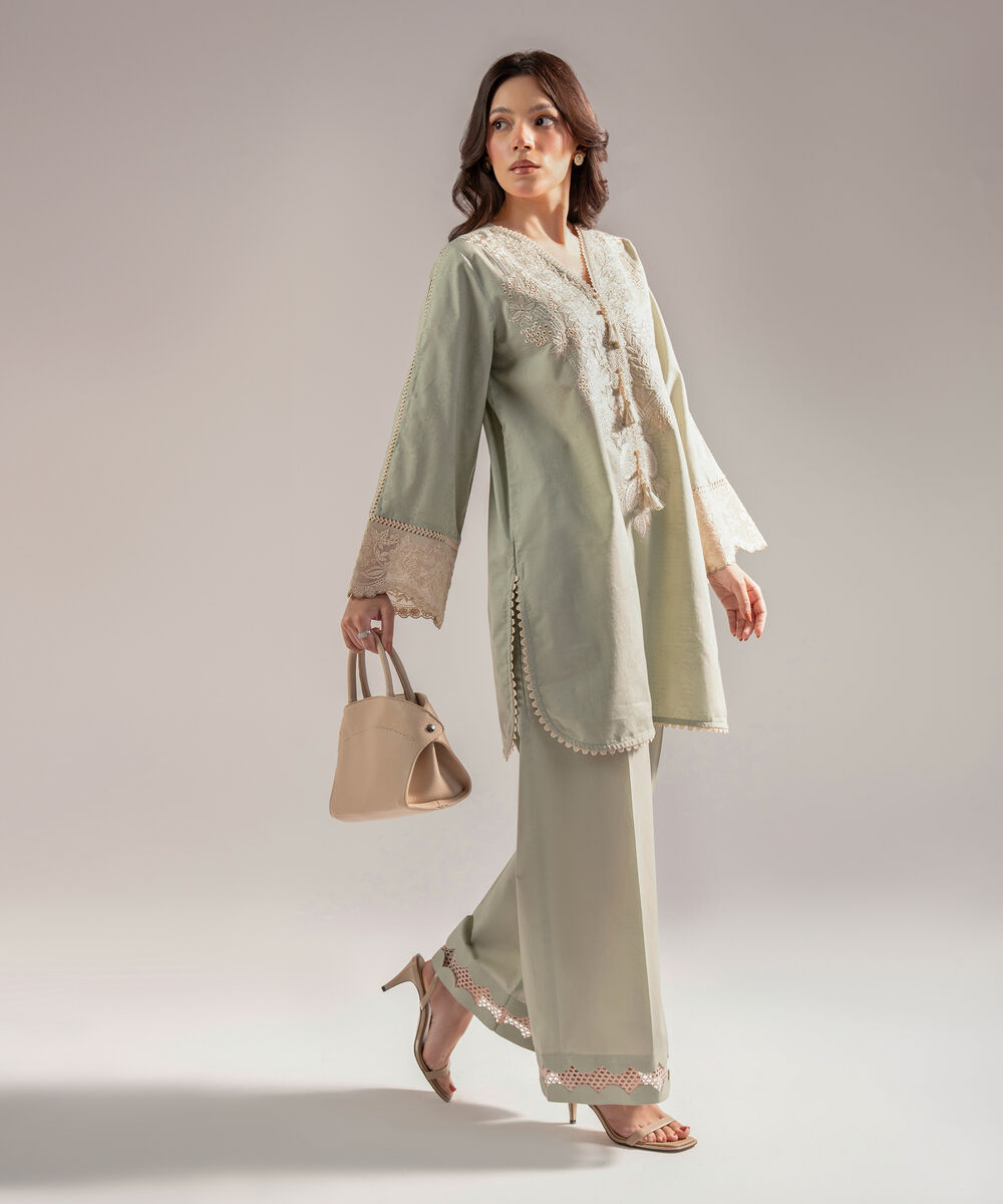 Women's RTW Self Jacquard Embroidered Mint Green 2 Piece Suit