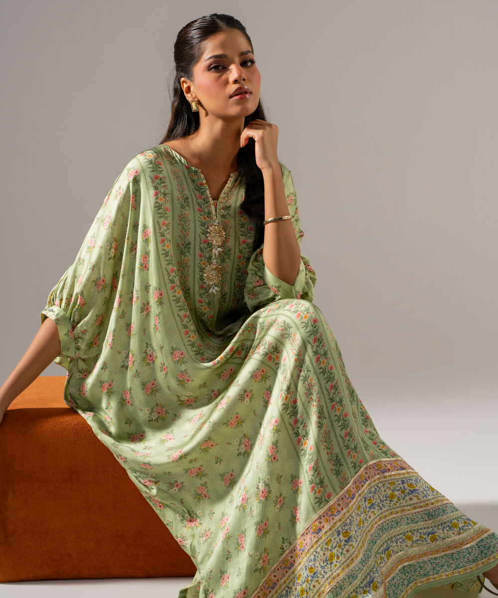 Women's RTW White Featheer Chamoz Printed Green Kaftan
