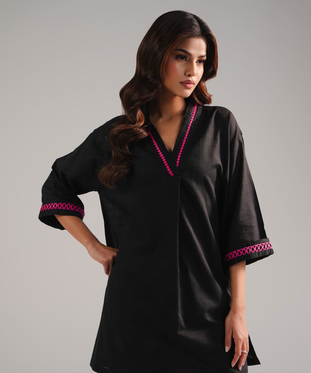 Women's RTW Dobby Embroidered Black 2 Piece Suit