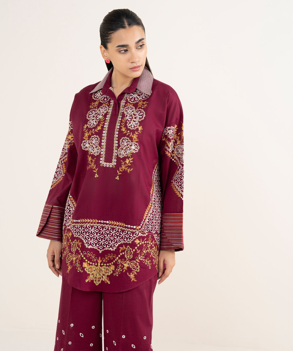 Women's RTW Cross Hatch Maroon Embroidered Boxy Shirt