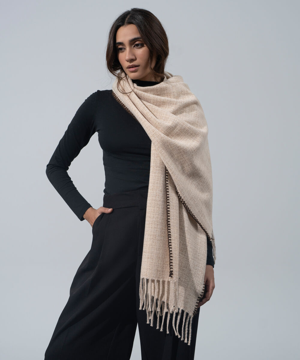 Women's Western Wear Ecru Polyester Textured Woolen Scarf