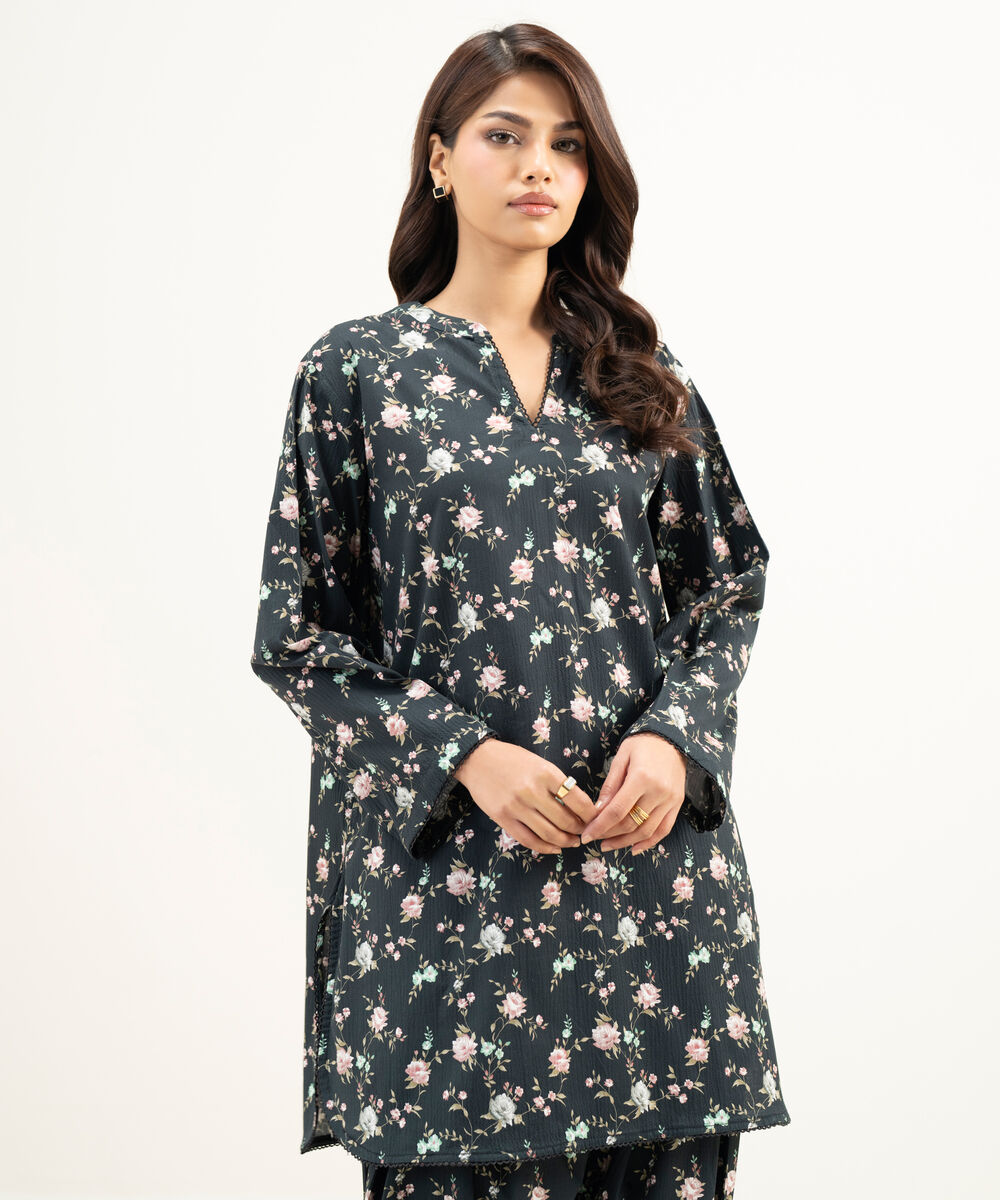 Women's RTW Seersucker Printed Black Straight Shirt