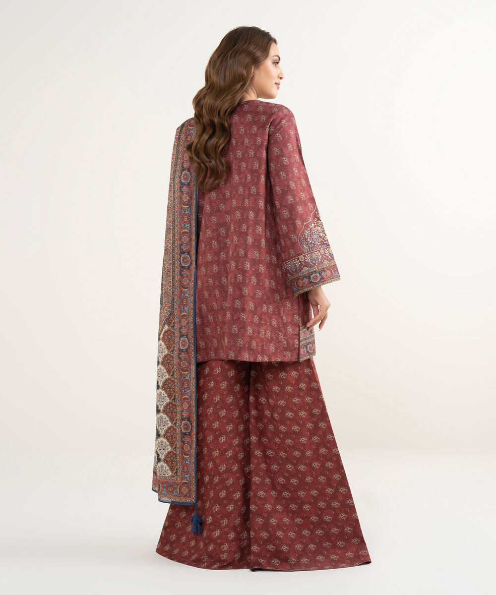 Women's Unstitched Lawn Embroidered Red 3 Piece Suit