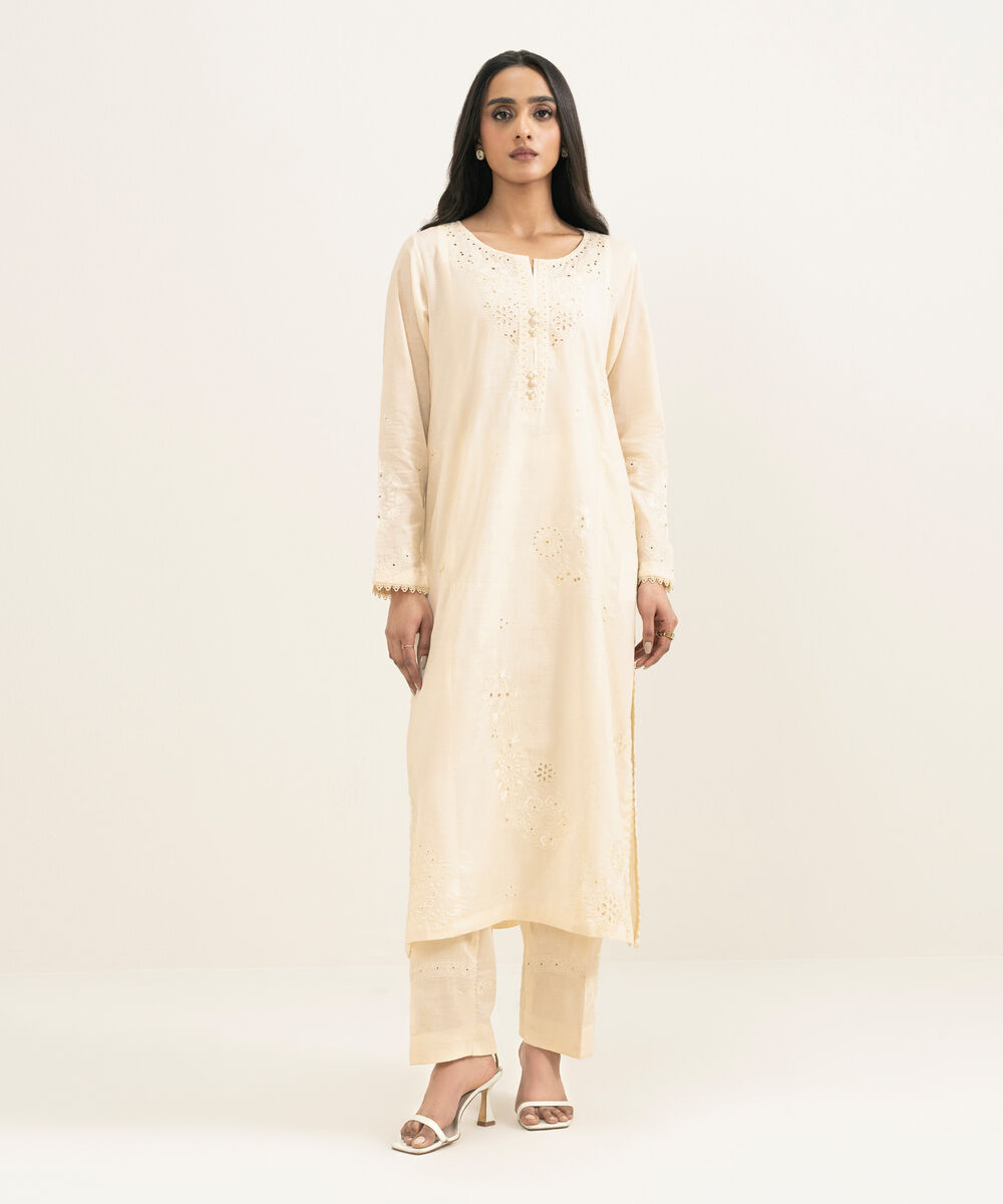 Women's RTW Self Jacquard Embroidered Off White A-Line Shirt