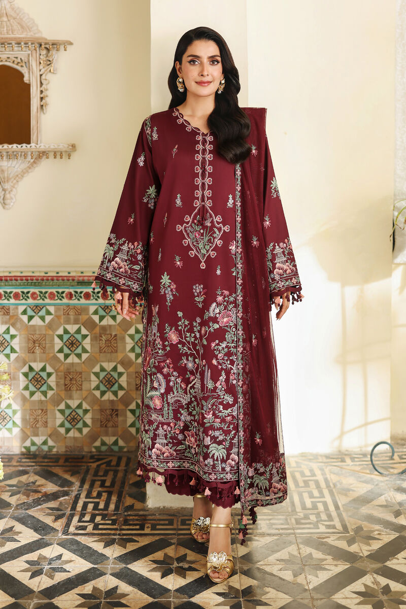 3 Piece - Embroidered Cotton Satin Suit