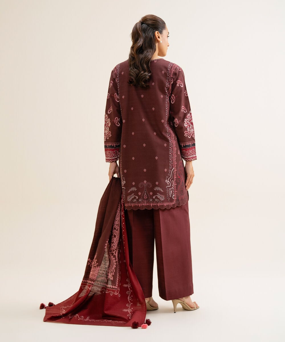 Women's Unstitched Light Khaddar Printed Deep Maroon 3 Piece Suit