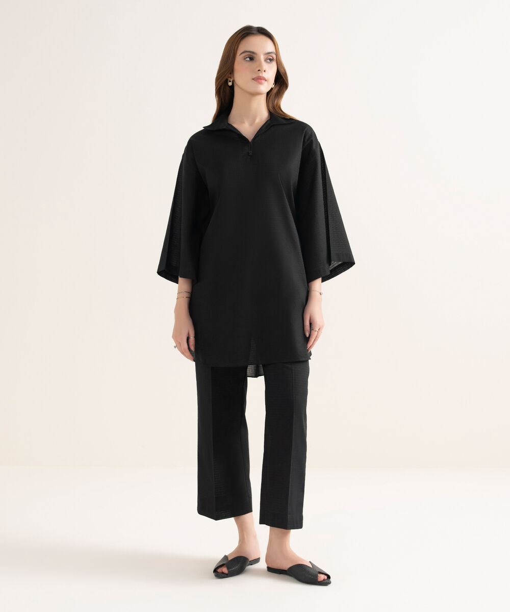 Women's RTW Textured Cotton Solid Boxy Black Shirt