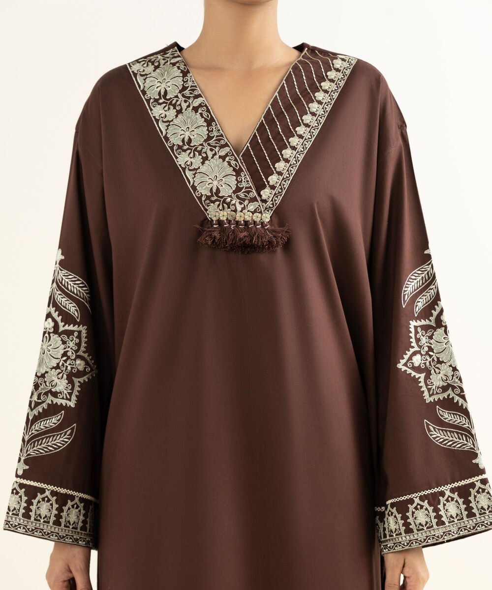 Women's RTW Linen Viscose Embroidered Brown Drop Shoulder Shirt