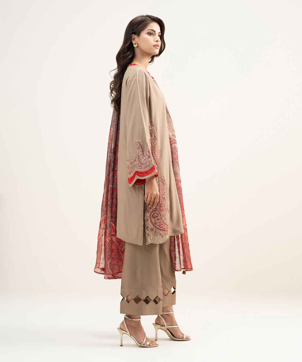 Women's RTW Viscose Raw Silk Embroidered Brown 3 Piece Suit