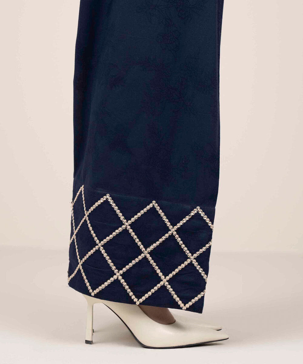 Women's RTW Self Jacquard Embroidered Blue Shalwar