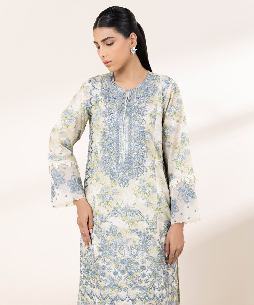 Women's RTW Zari Lawn Blue Embroidered A-Line Shirt