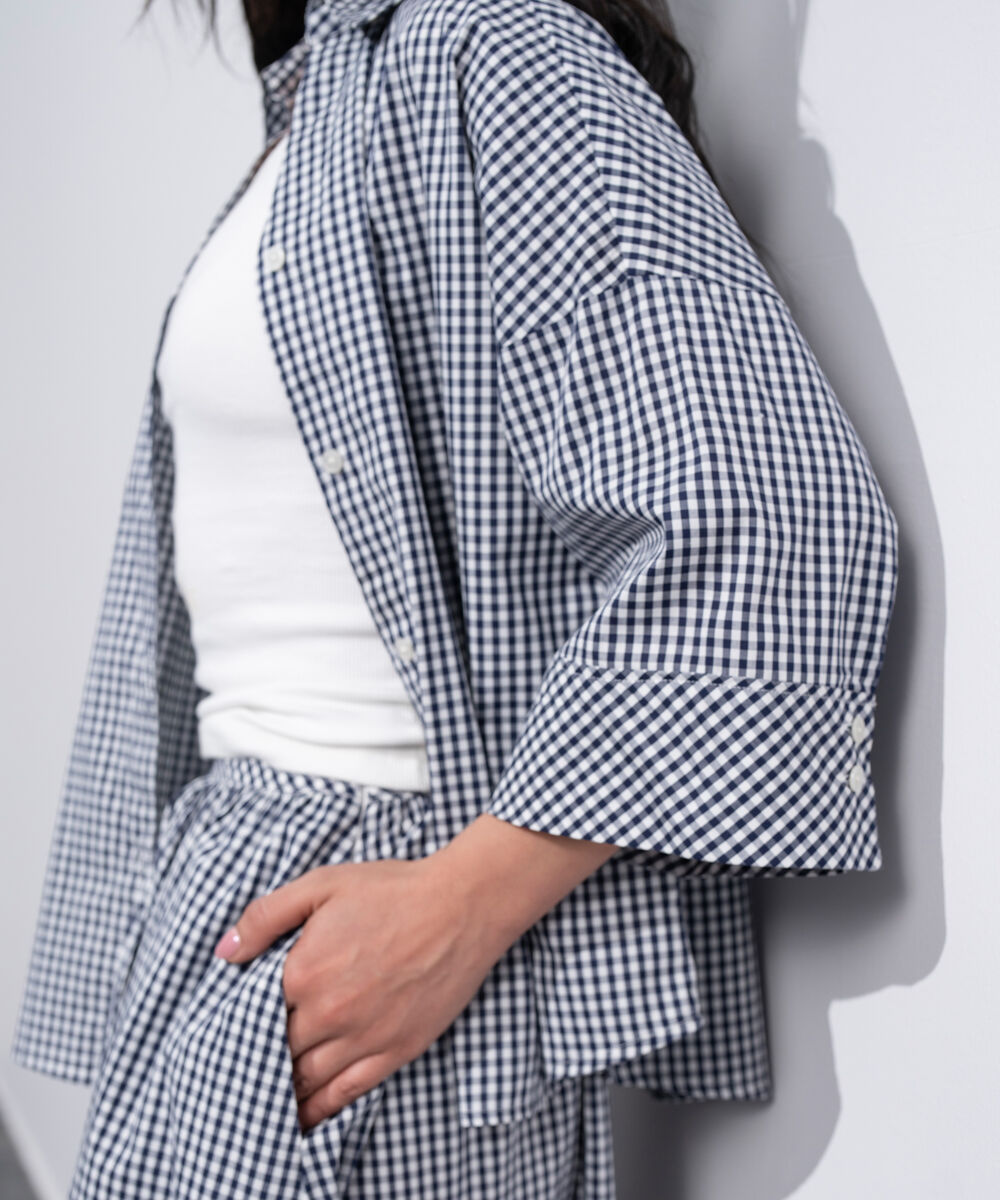 Women's Western White And Navy V-Neck Gingham Top