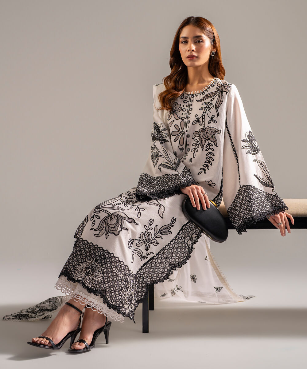 Women's RTW Dobby Embroidered White 3 Piece Suit