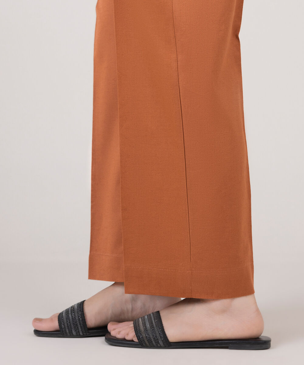 Women's RTW Cotton Linen Orange Solid Straight Pants