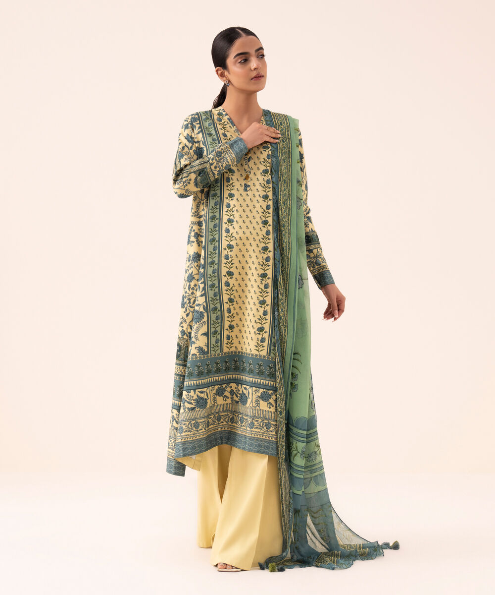 Women's Unstitched Lawn Printed Green Three Piece Suit