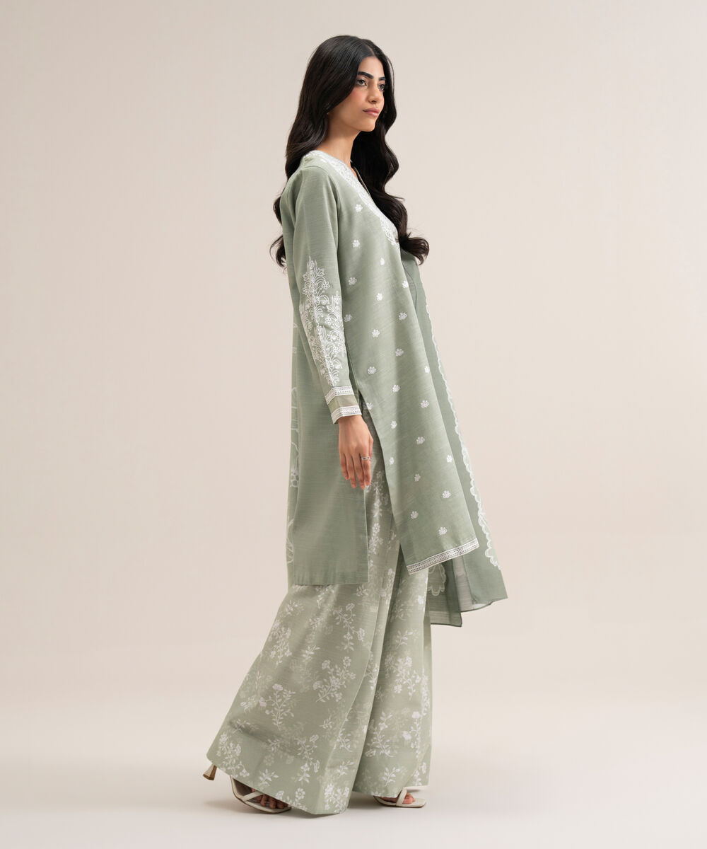 Women's Unstitched Cotton Embroidered Light Green 3 Piece Suit