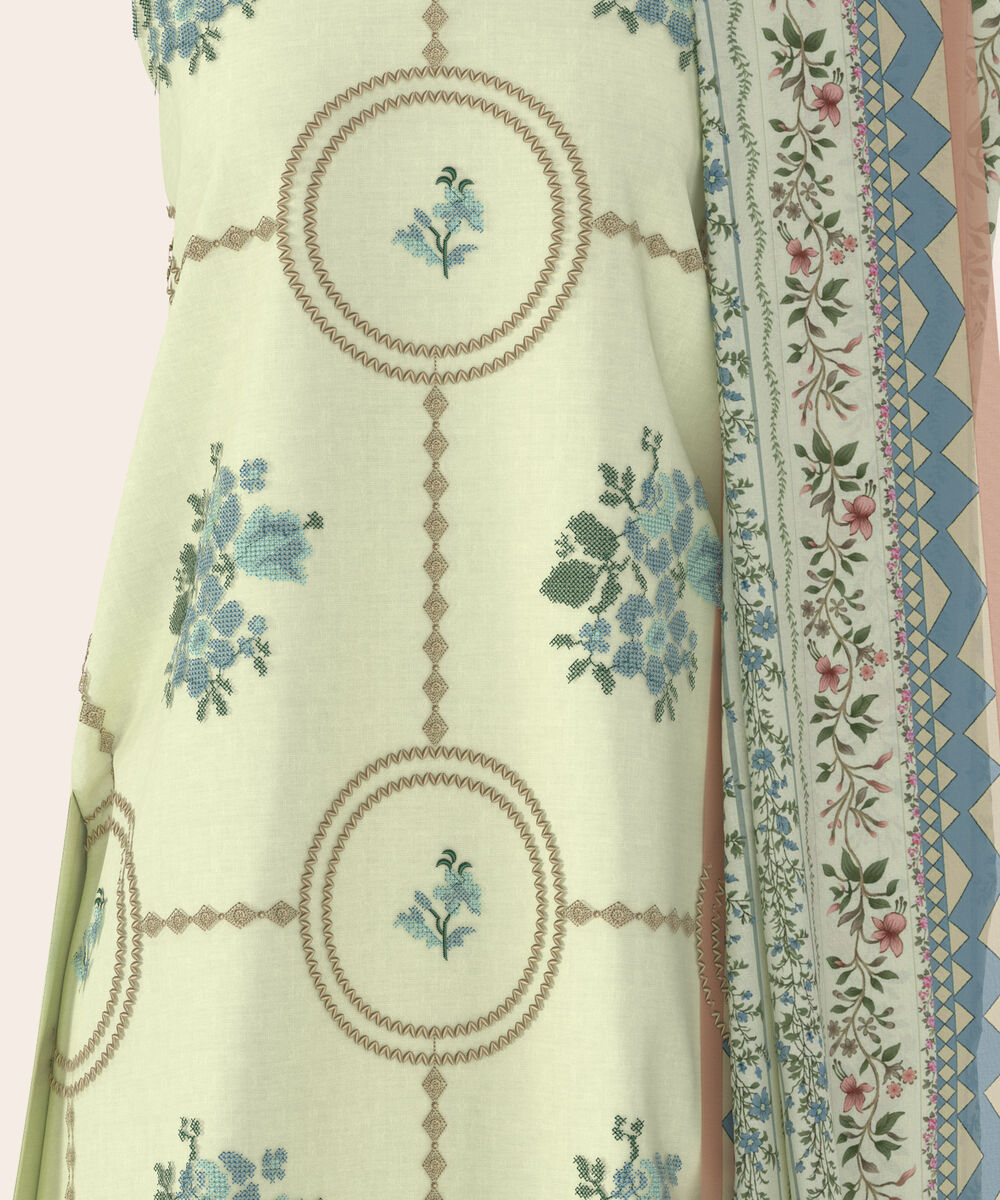 Women's Unstitched Self Jacquard Cream  Embroidered 3 Piece Suit