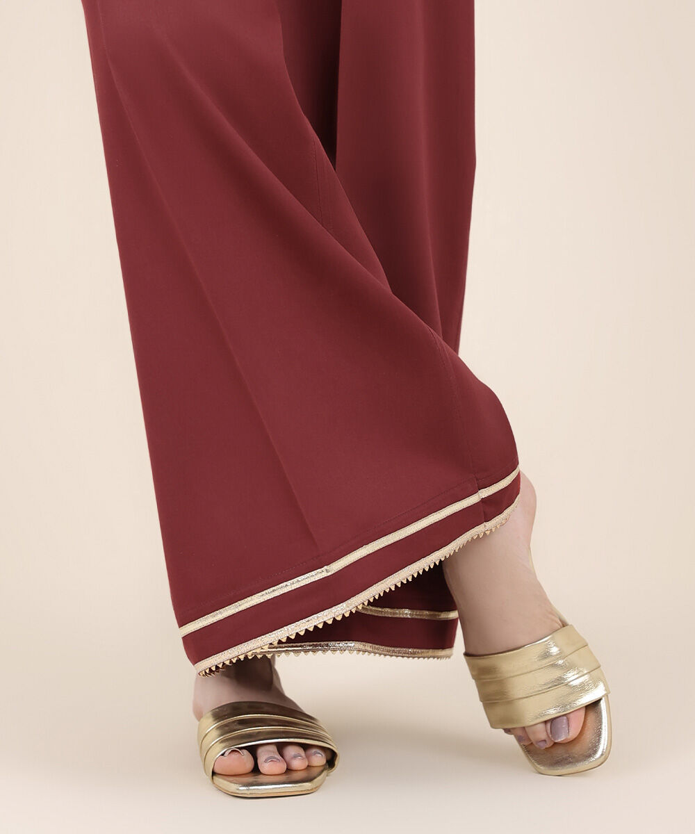 Women's RTW Cotton Satin Red Solid Flared Pants