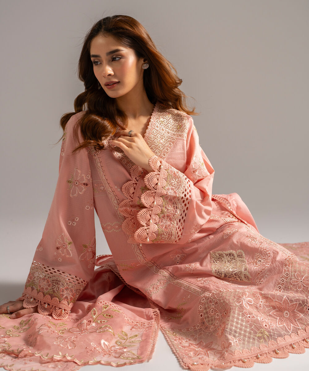 Women's RTW Dobby Embroidered Pink 3 Piece Suit