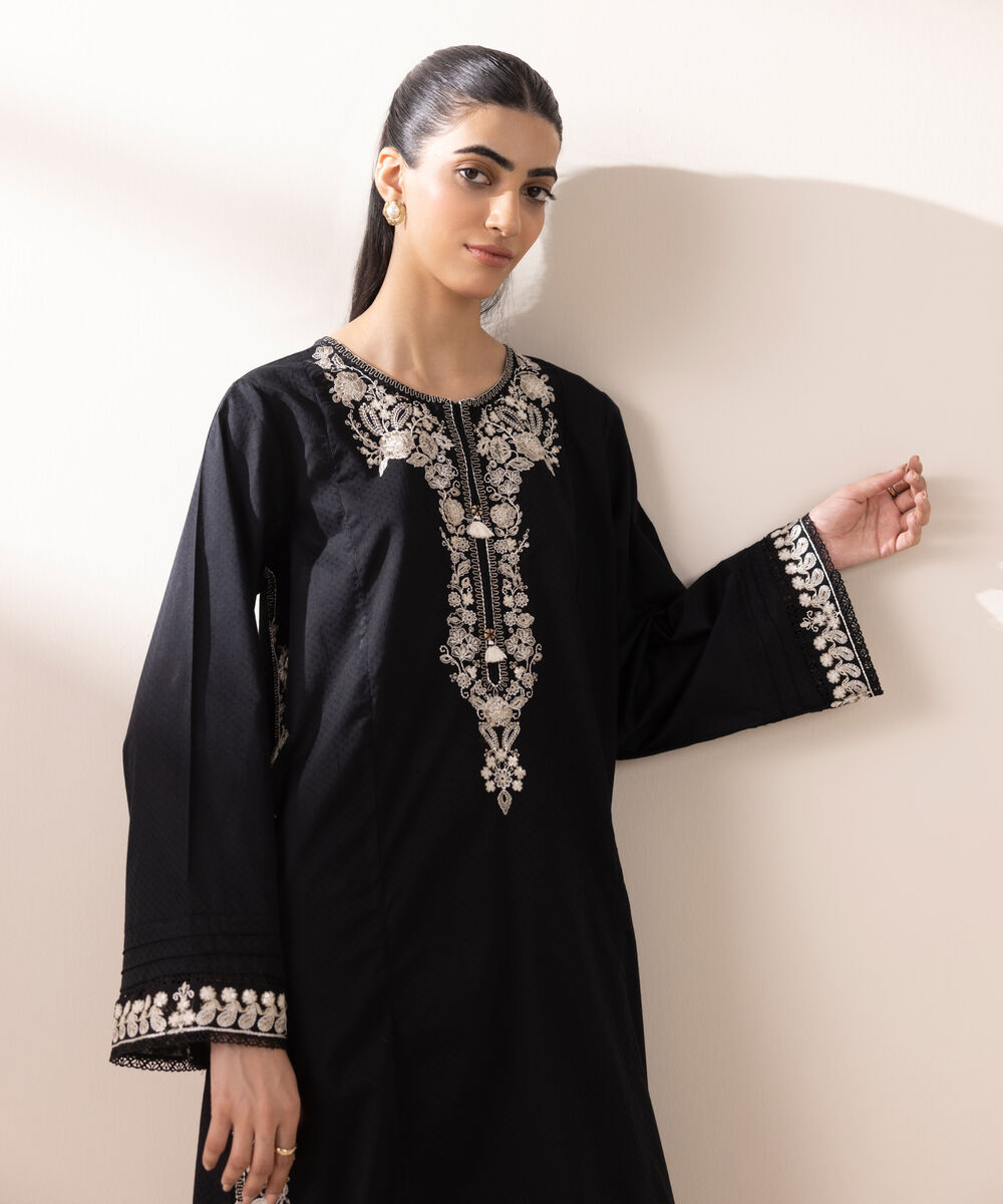 Women's RTW Dobby Black Embroidered A-Line Shirt