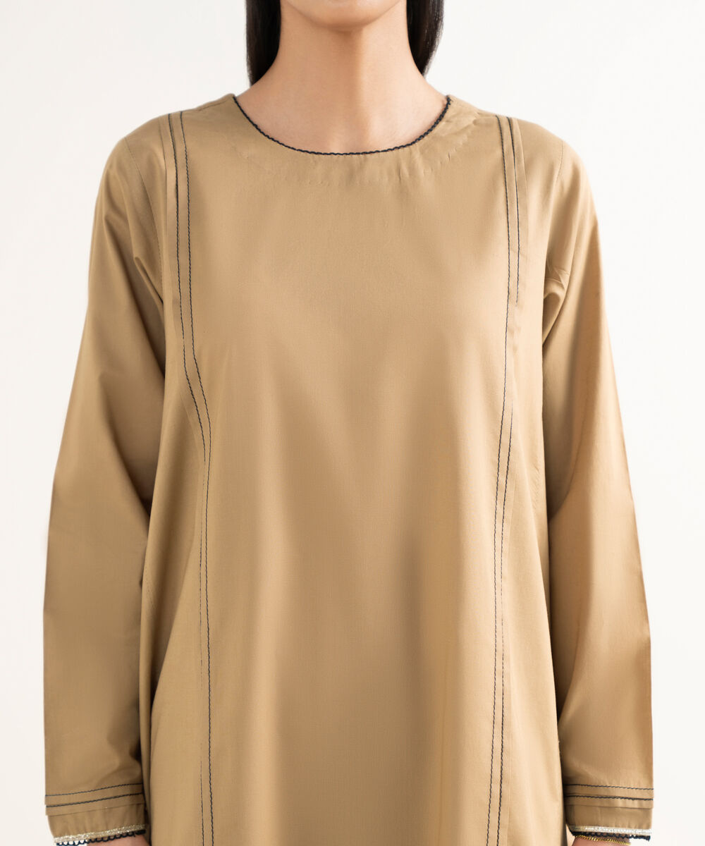 Women's RTW Cambric Solid A-Line Beige Shirt