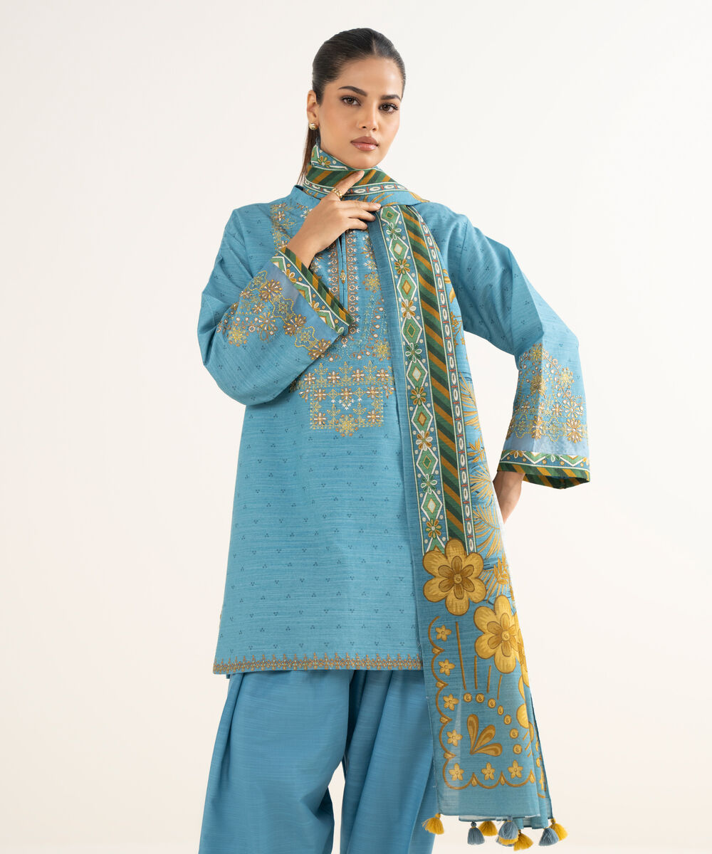 Women's Unstitched Light Khaddar Embroidered Blue 3 Piece Suit