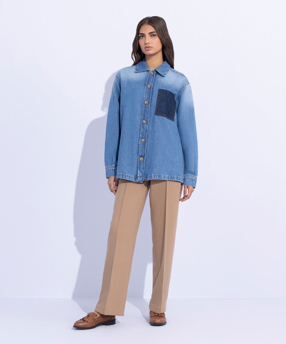 Woman - Blue Denim Overshirt with Contrasting Pocket