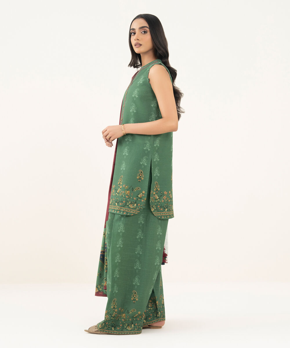 Women's Unstitched Printed Khaddar Green 3 Piece Suit
