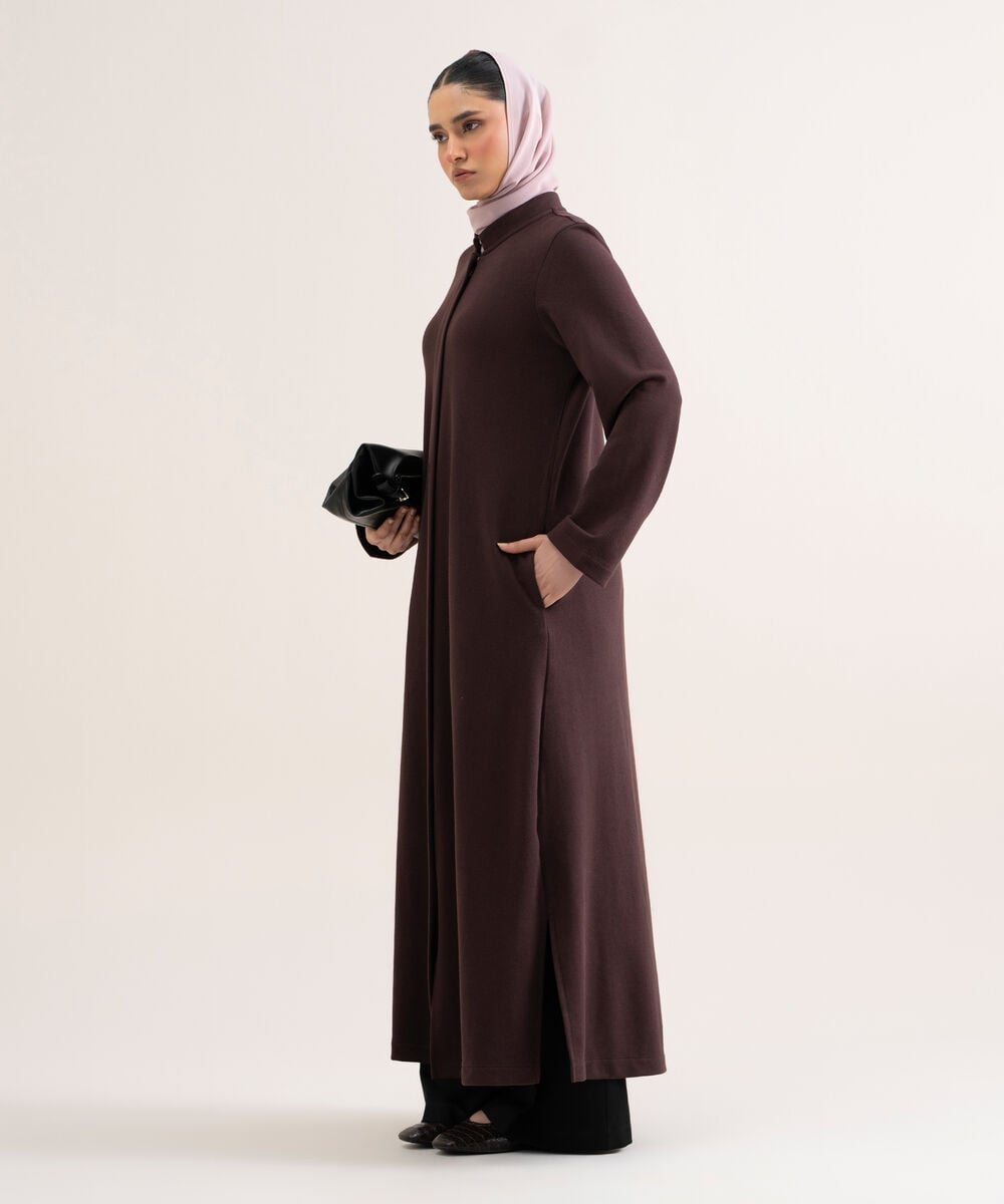 Women's Brown Knit Abaya Set