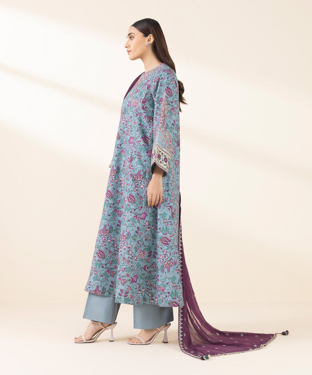 Unstitched Women's Embroidered Lawn Blue Three Piece Suit
