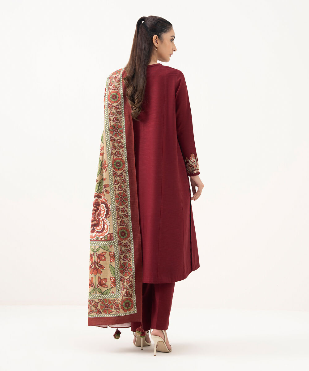Women's Unstitched Khaddar Embroidered Red 3 Piece Suit