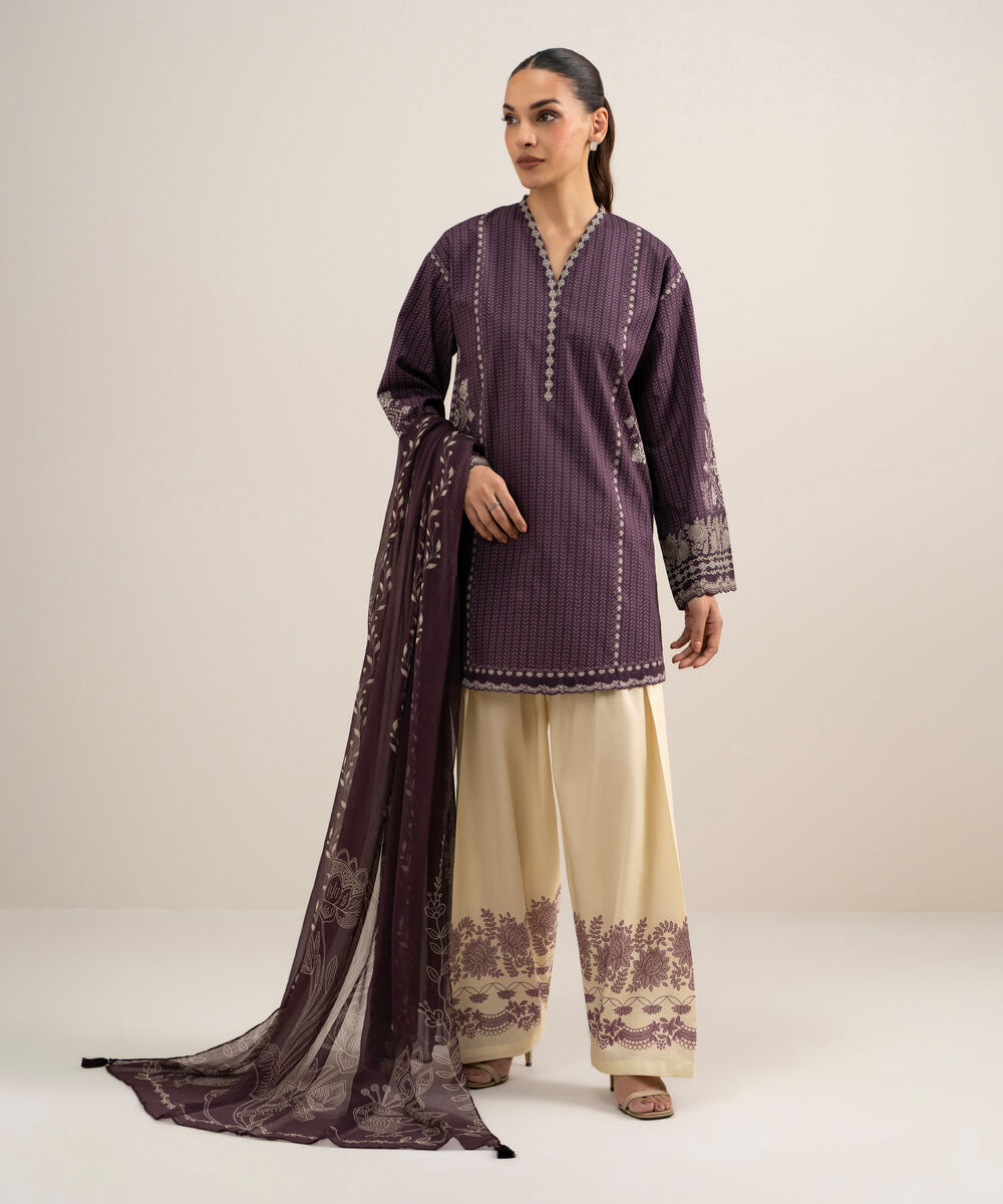 Women's Unstitched Cotton Printed Purple 3 Piece Suit