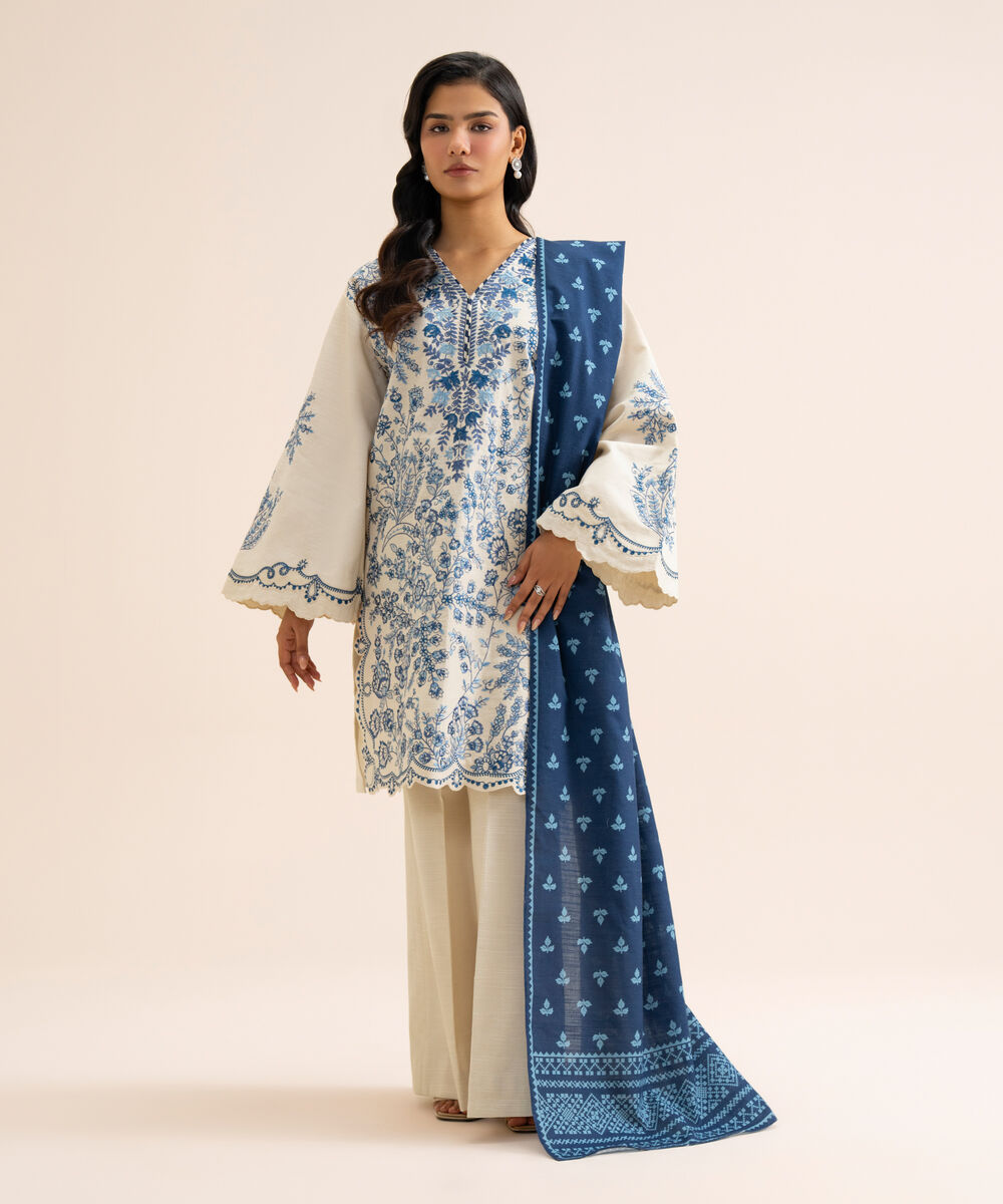 Women's Unstitched Light Khaddar Embroidered Dark Blue 3 Piece Suit