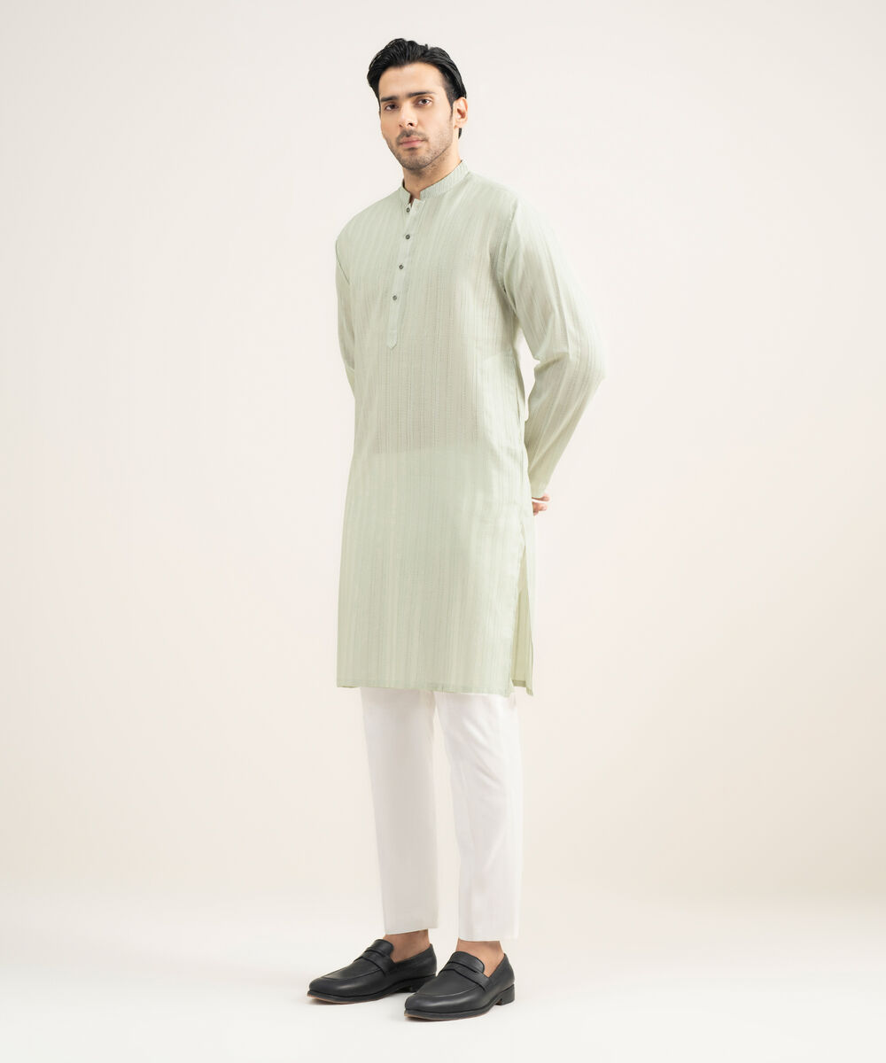 Men's Stitched Leno Jacquard Ash White Kurta