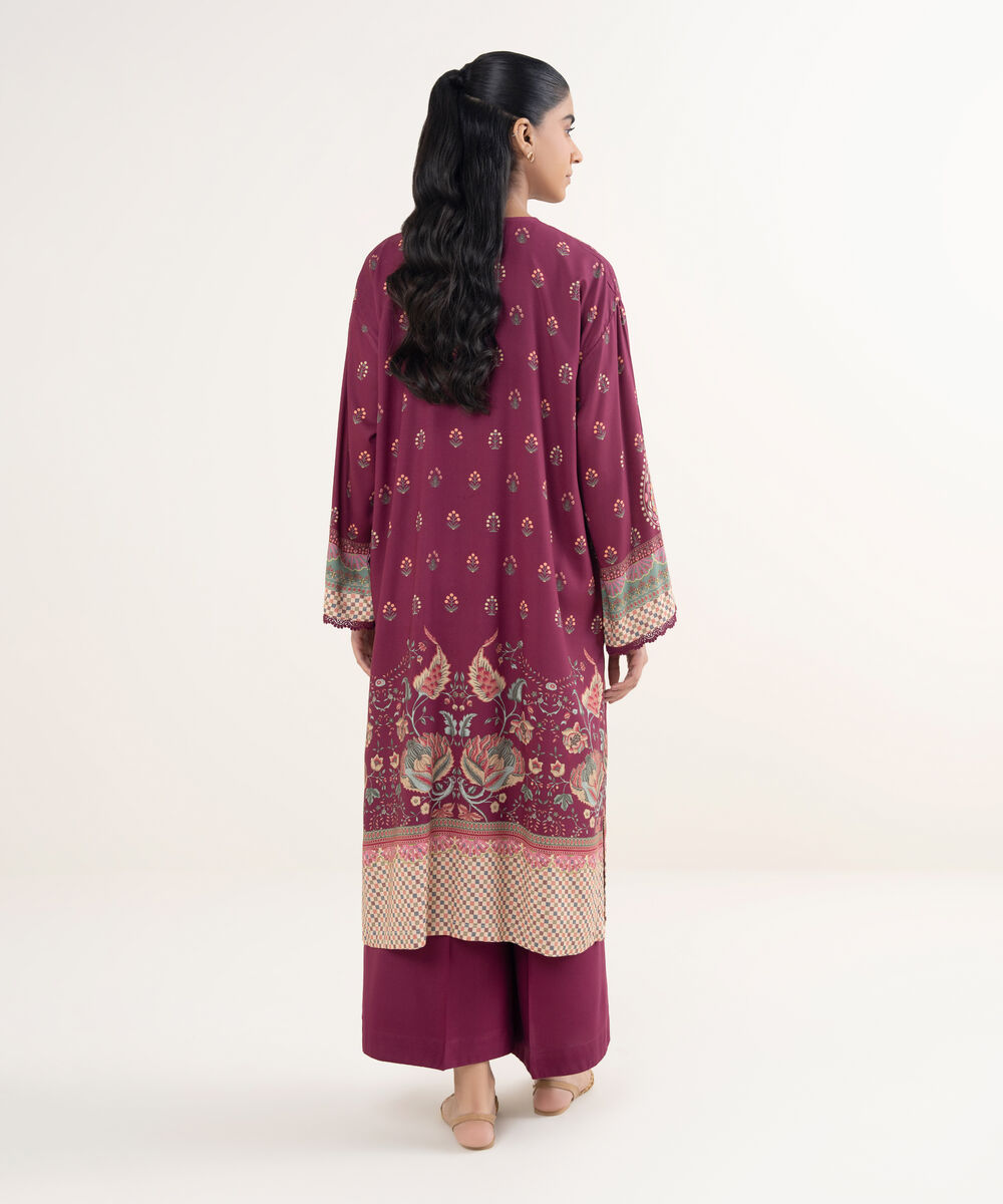 Women's RTW Viscose Linen Printed Purple Drop Shoulder Shirt