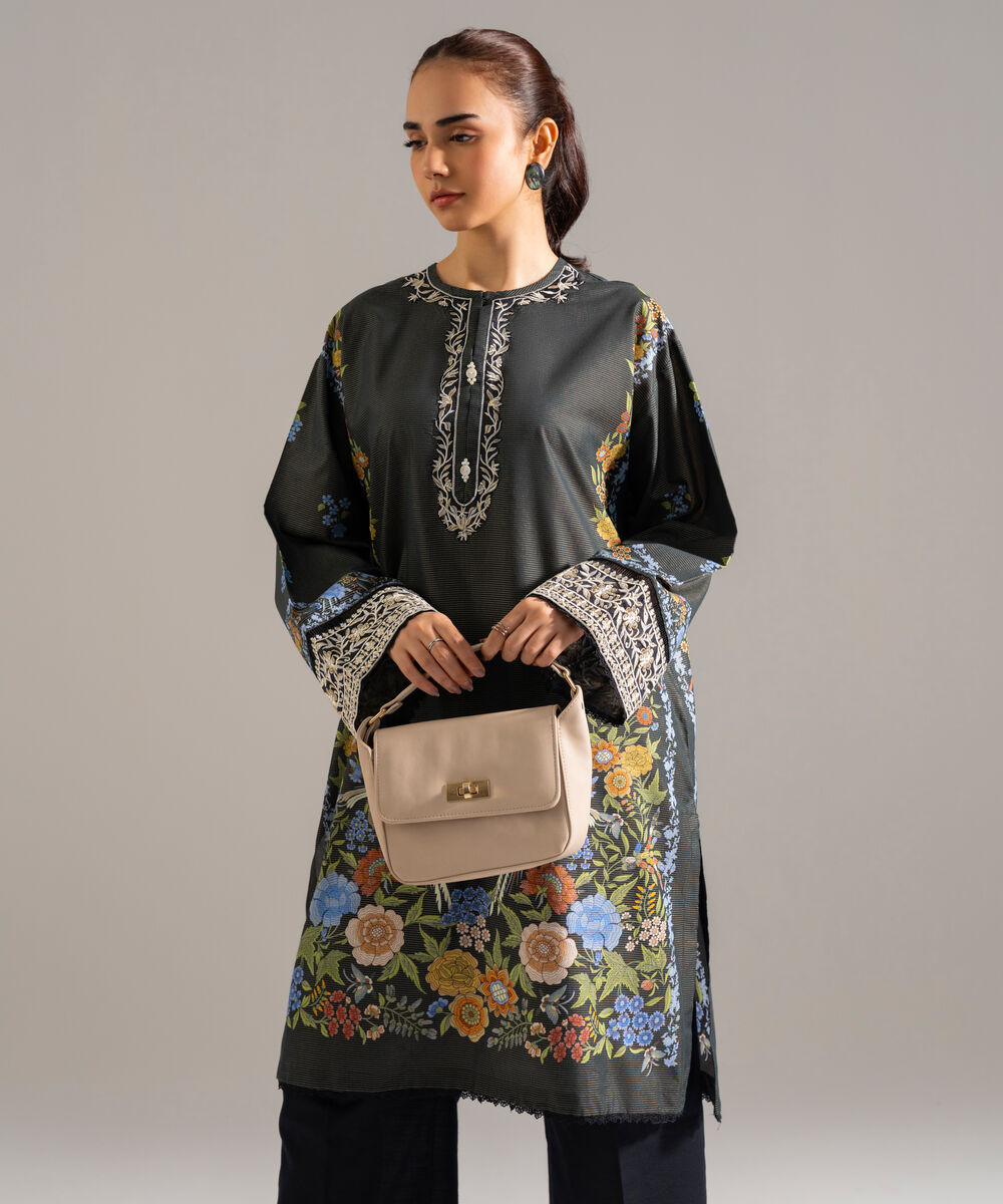 Women's RTW Zari Lawn Embroidered Black Drop Shoulder Shirt