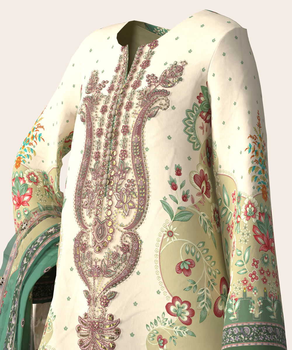 Women's Unstitched Lawn Multi  Embroidered 3 Piece Suit