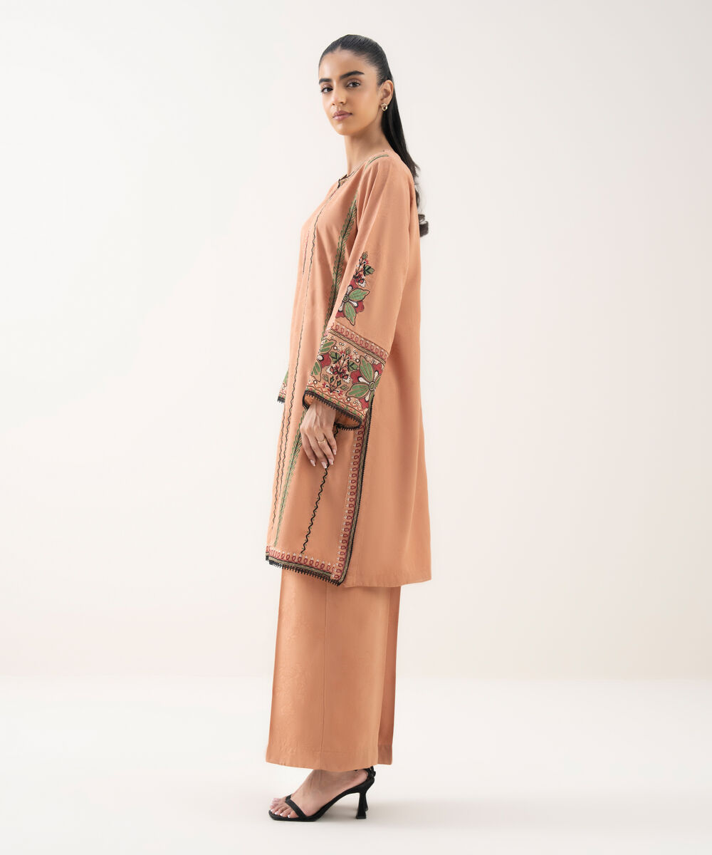 Women's RTW Cotton Jacquard Embroidered Pink Straight Shirt