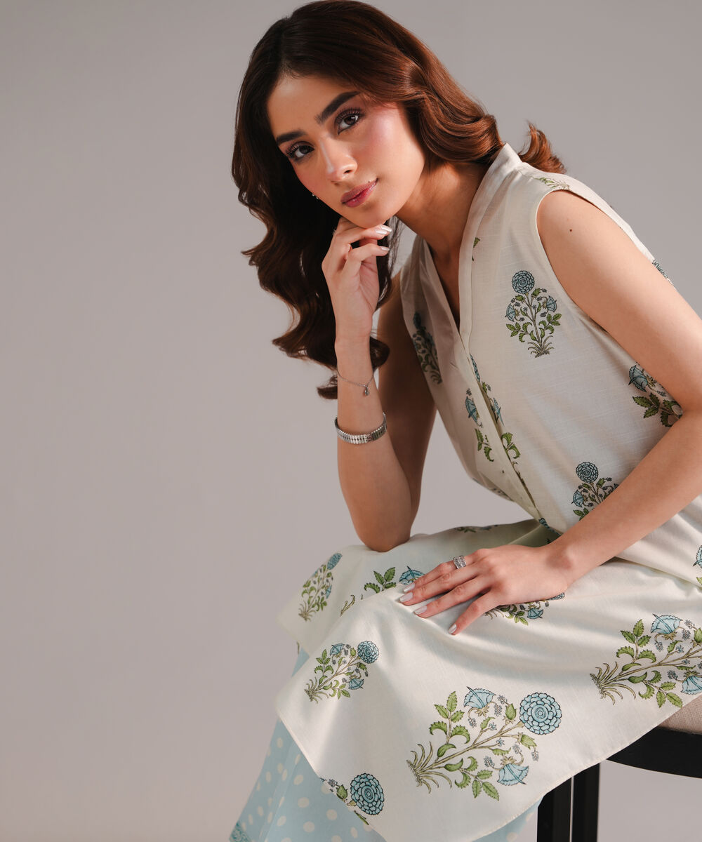 Women's RTW Slub Lawn Printed Light Blue Straight Shirt