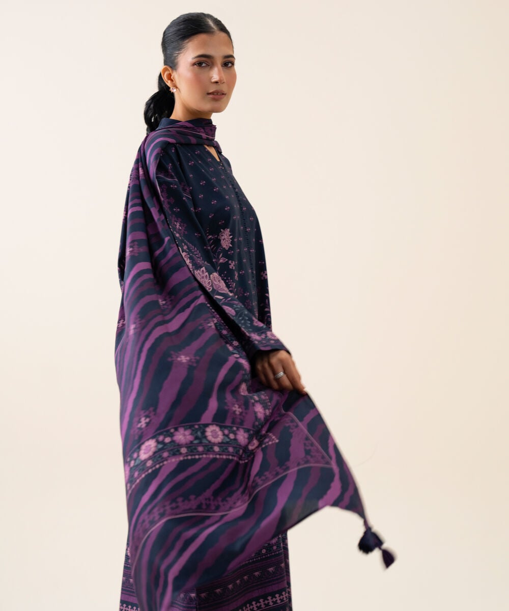 Women's Unstitched Viscose Linen Printed Dark Blue 3 Piece Suit